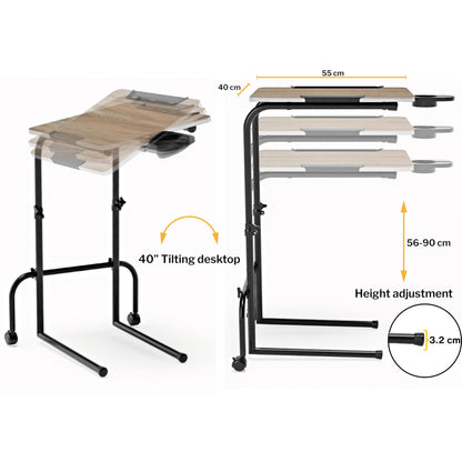 FoldWise Overbed Table Wheeled - Height Adjustable Desk for Bed & Tilting Desktop - Portable Wooden Desk for Optimal Work, Eat & Study with Cup Holder, Tablet Holder & Detachable Edge Stopper Device
