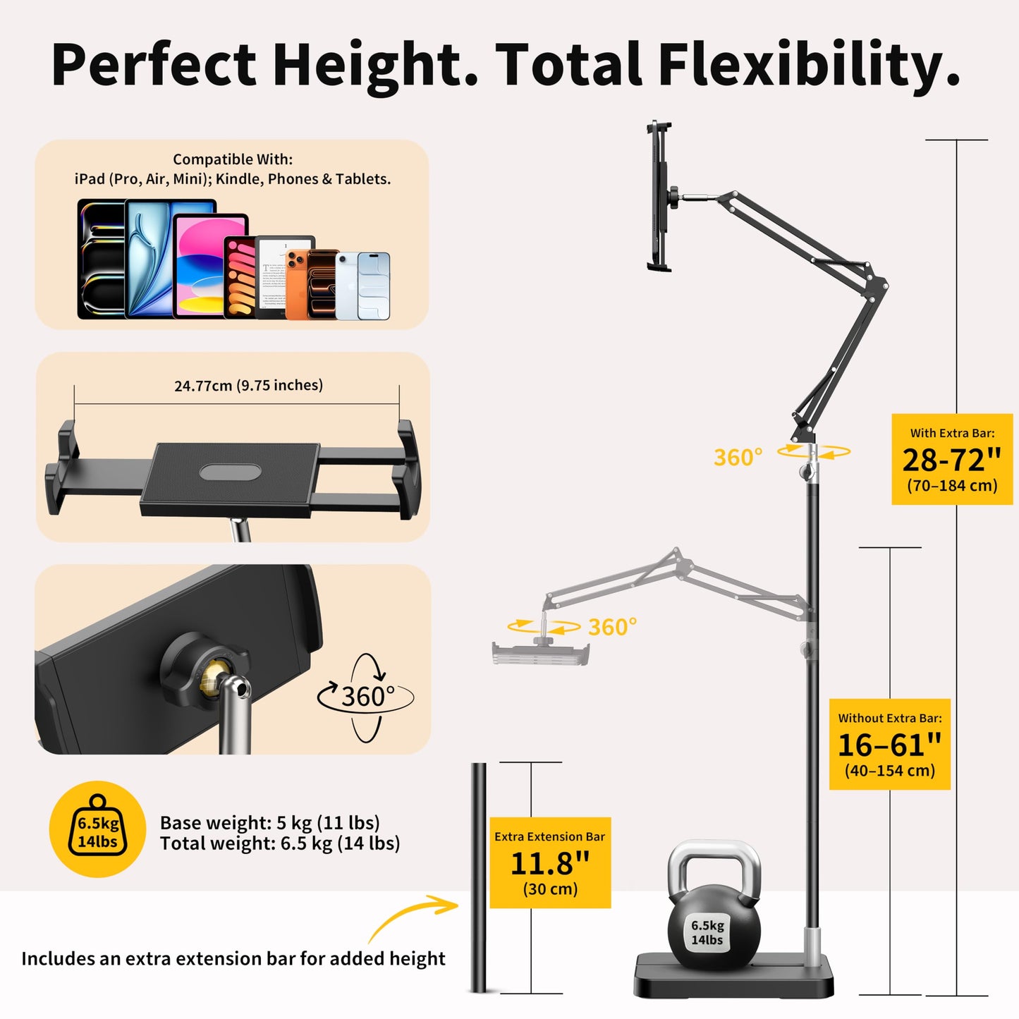 FoldWise iPad & Tablet Floor Stand - Height & Angle Adjustable