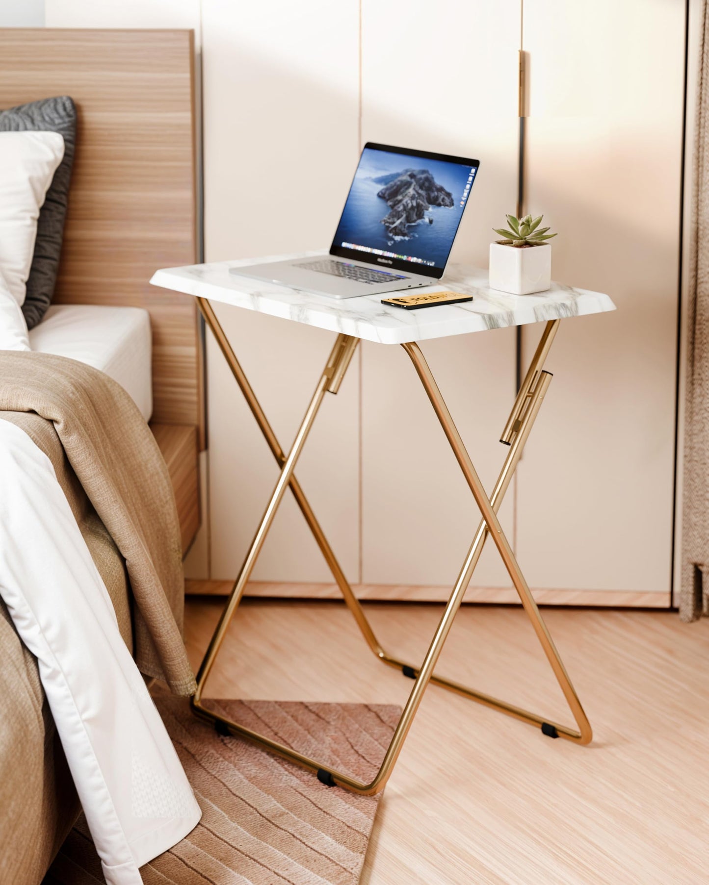 FoldWise Marble-Effect Folding Side Table - Fully Assembled