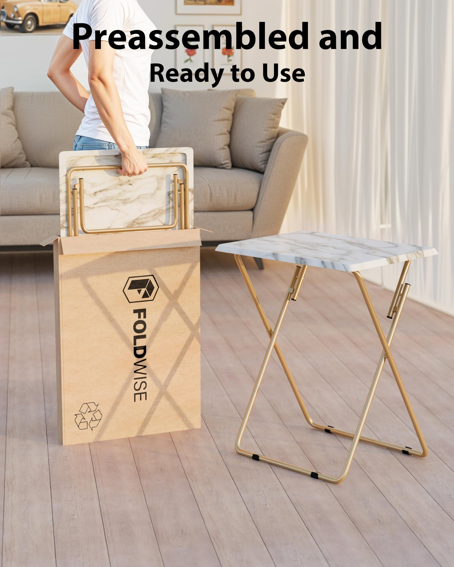 FoldWise Marble-Effect Folding Side Table - Fully Assembled
