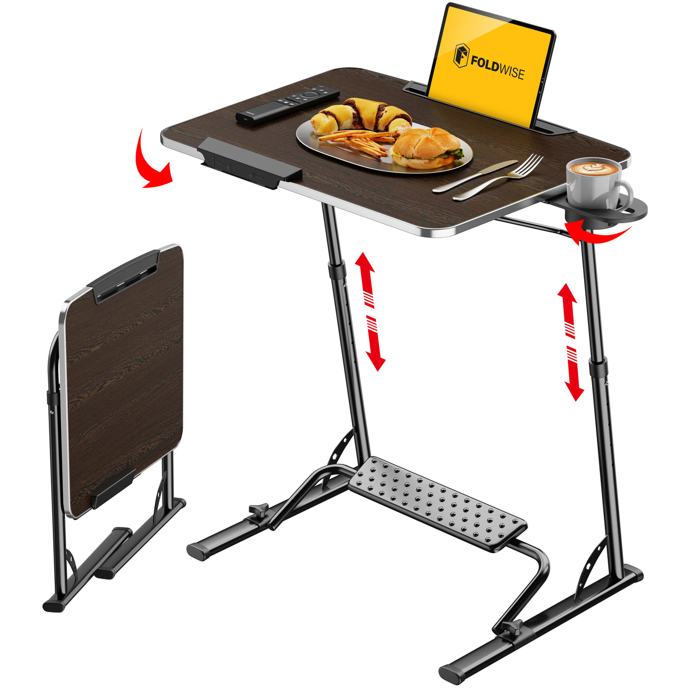 FoldWise folding laptop table for sofa showing cup holder, iPad holder and adjustable height