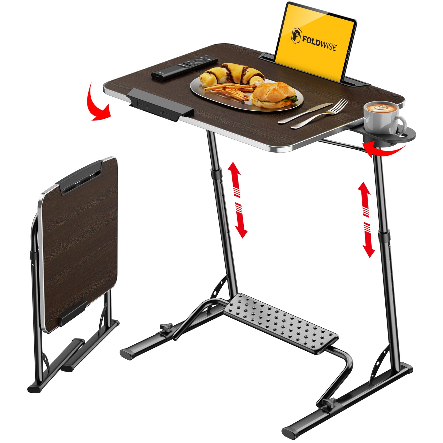FoldWise folding laptop table for sofa showing cup holder, iPad holder and adjustable height