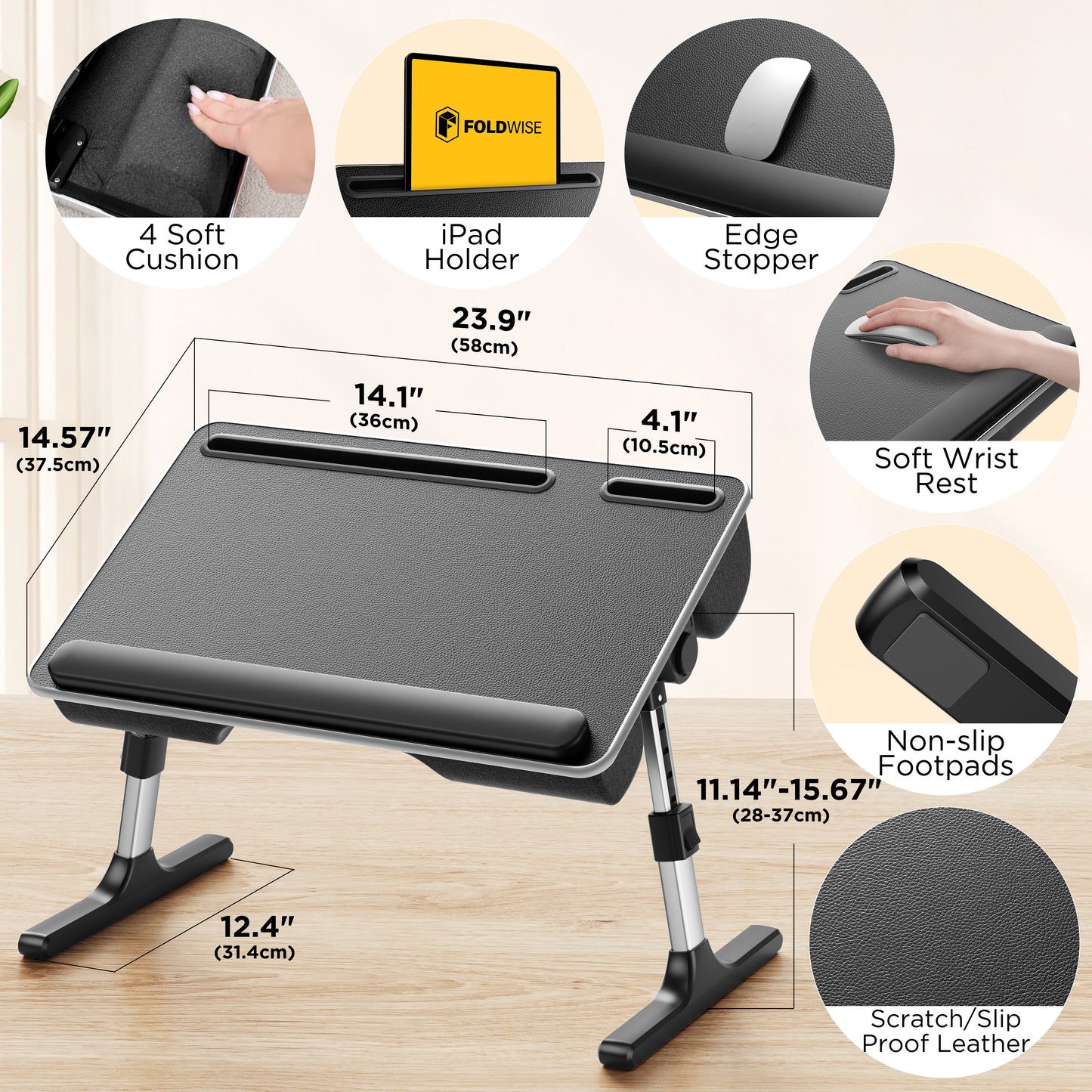 Adjustable height lap desk showing 5 height levels and 35 degree tilt