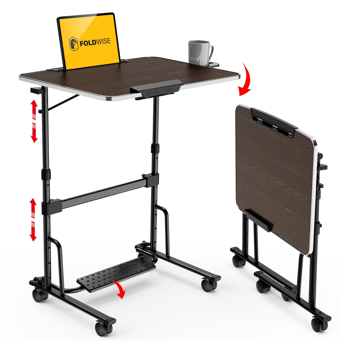 FoldWise Foldable Standing & Rolling Desk - Adjustable Heights & Angles